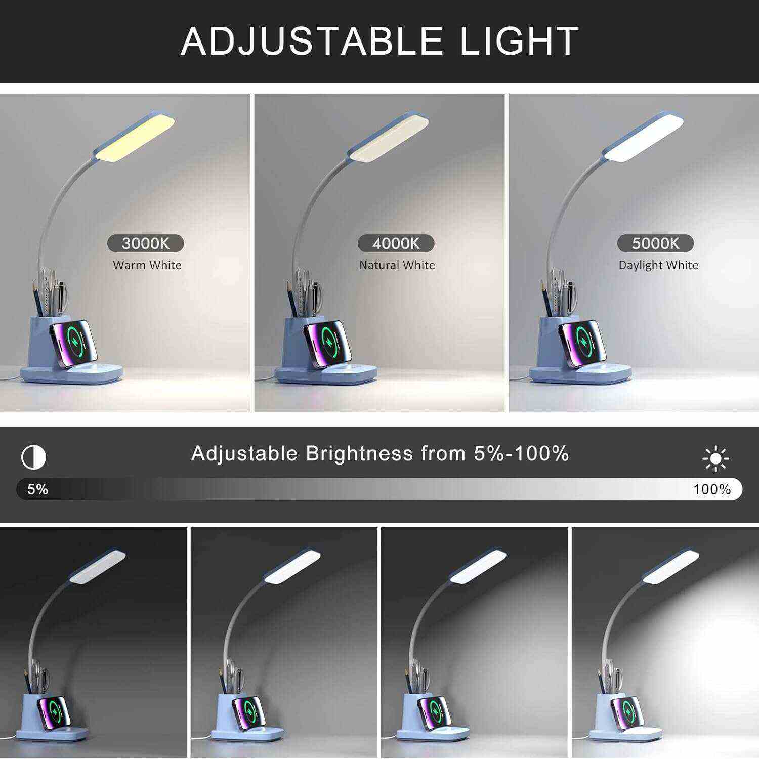 Desk Lamp with Wireless Charger, LED Desk Lamps for Home Office, 800 Lumens, Small Desk Lamp with Pen Holder, Flexible Arm, 3 Modes, Dimming, Touch Lamp for College Dorm Room