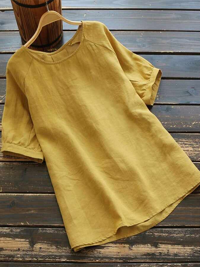 Women's Solid Color Patchwork Round Neck Cotton Linen T-shirt