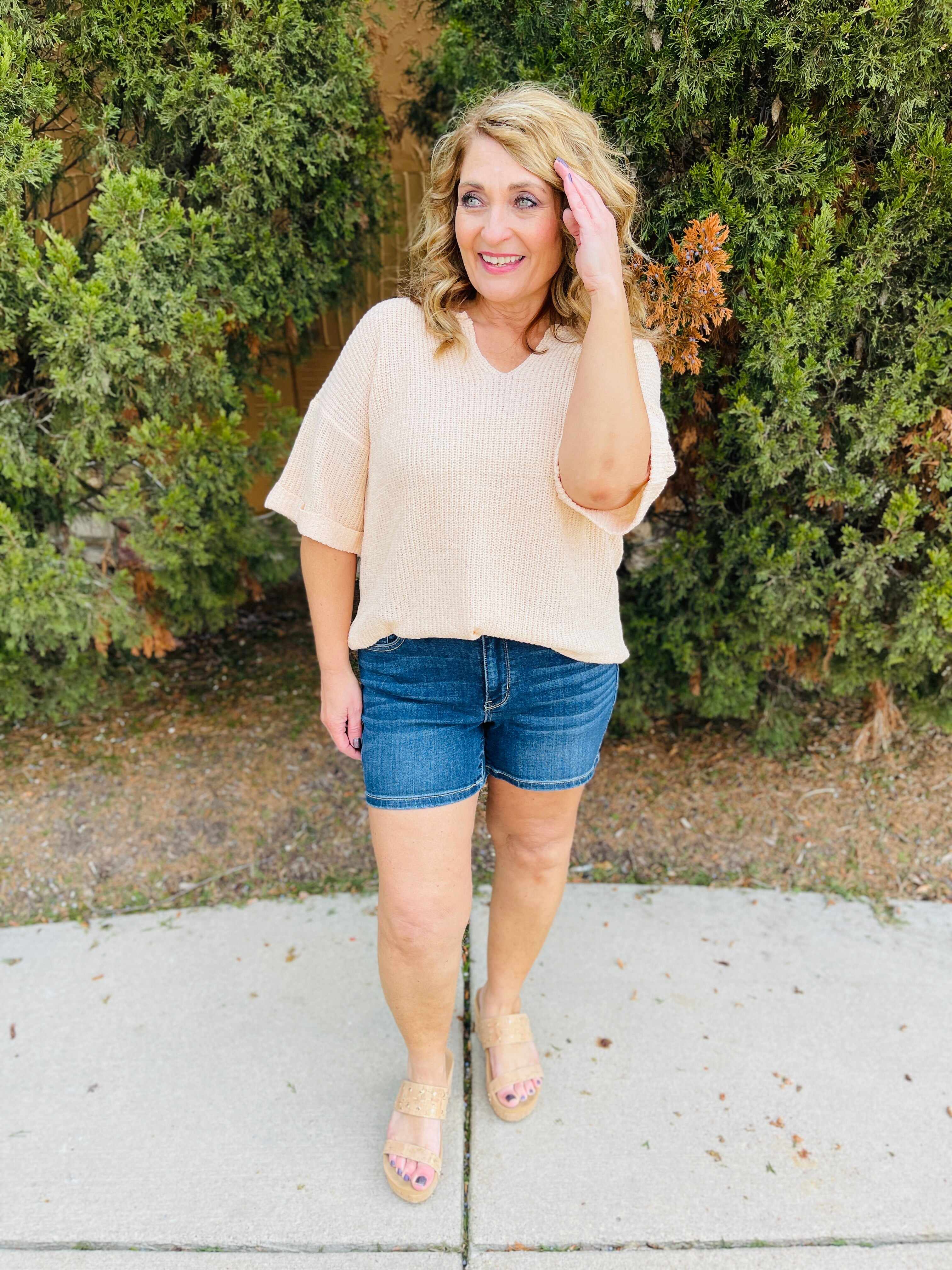 Plus/Reg Sweet Summertime Mid Rise Dark Wash Shorts