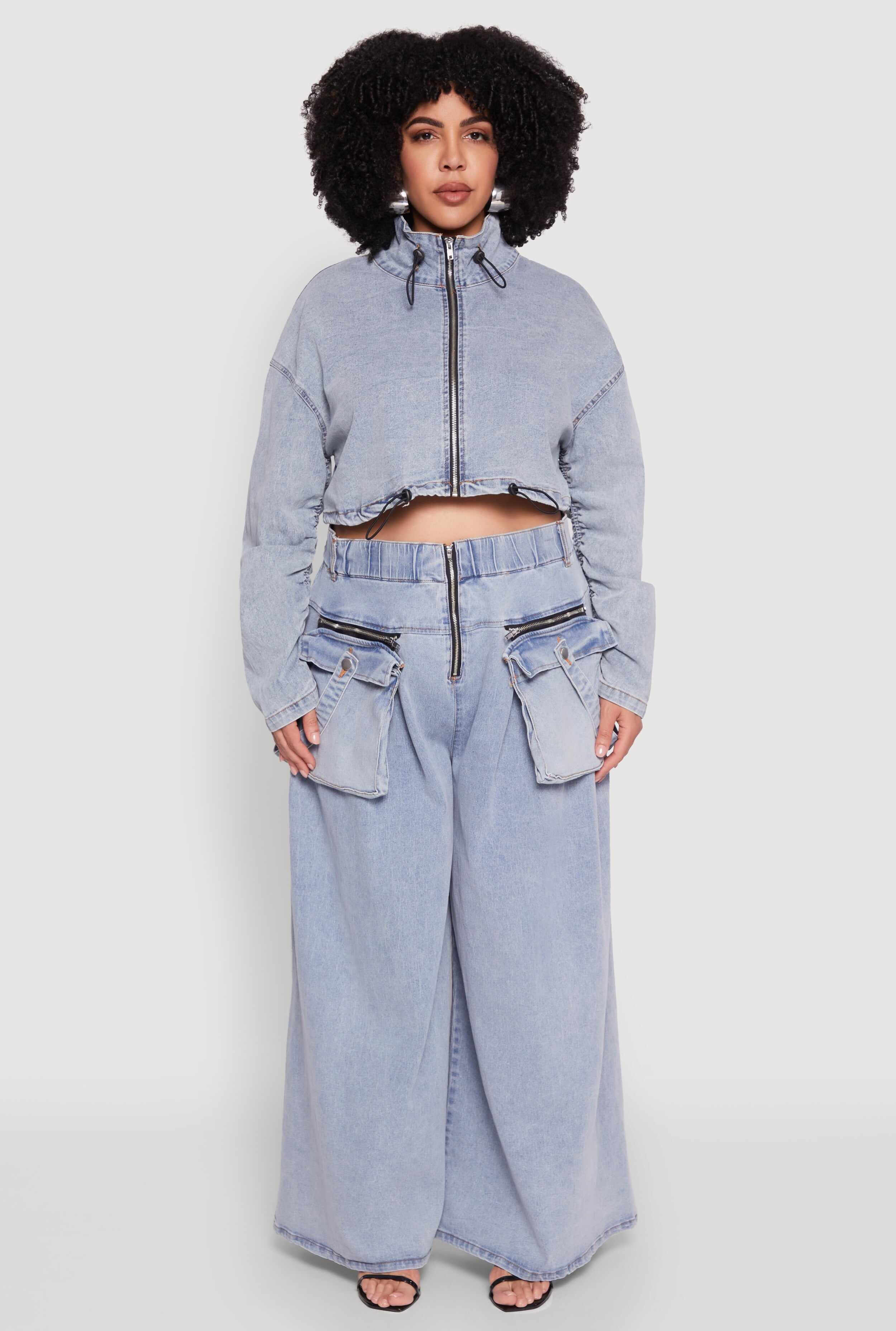 Plus Size Spoon Jeans Drawstring Cropped Jacket