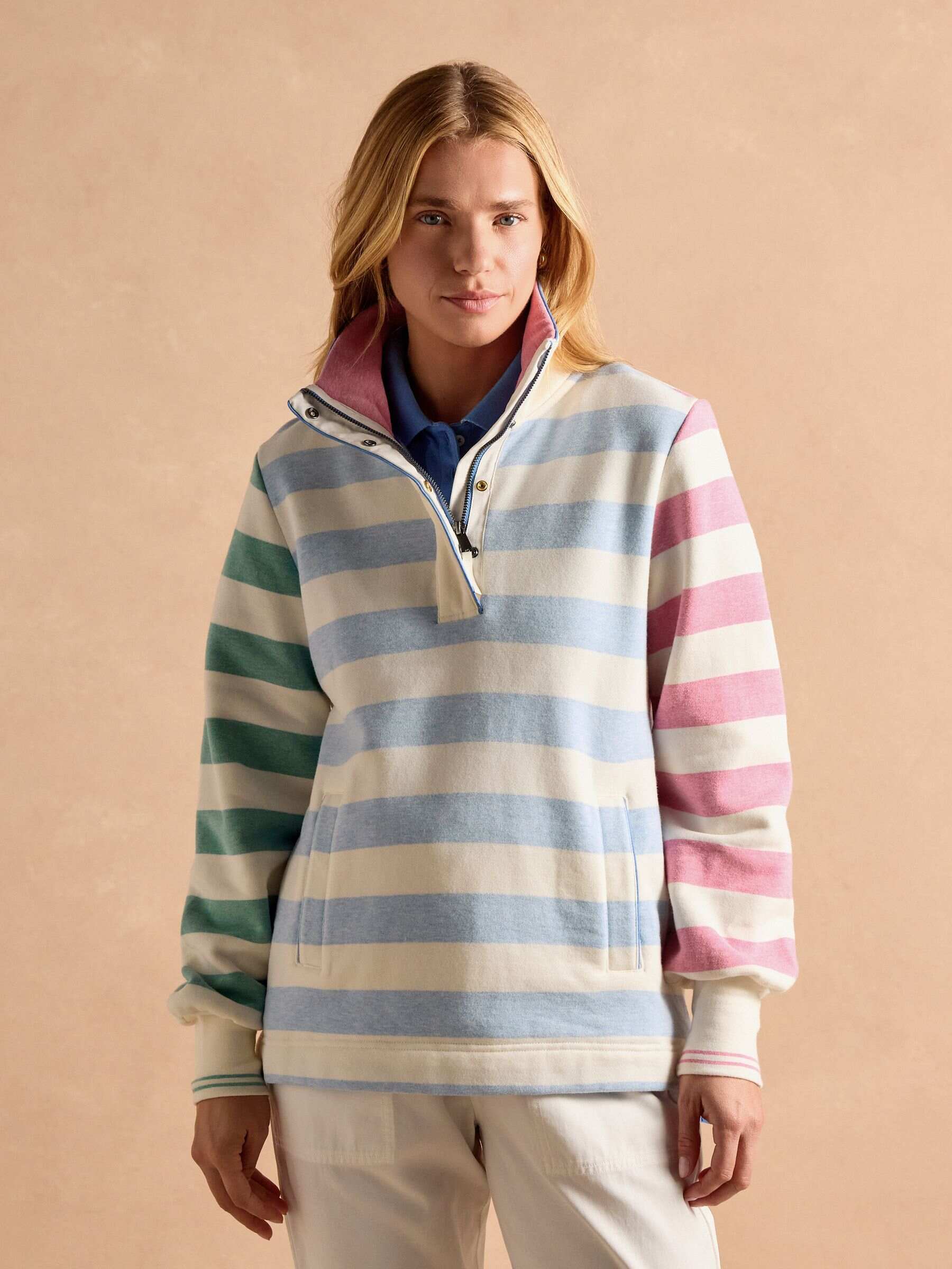Burnham White & Blue Stripe Cotton Funnel Neck Quarter Zip Sweatshirt
