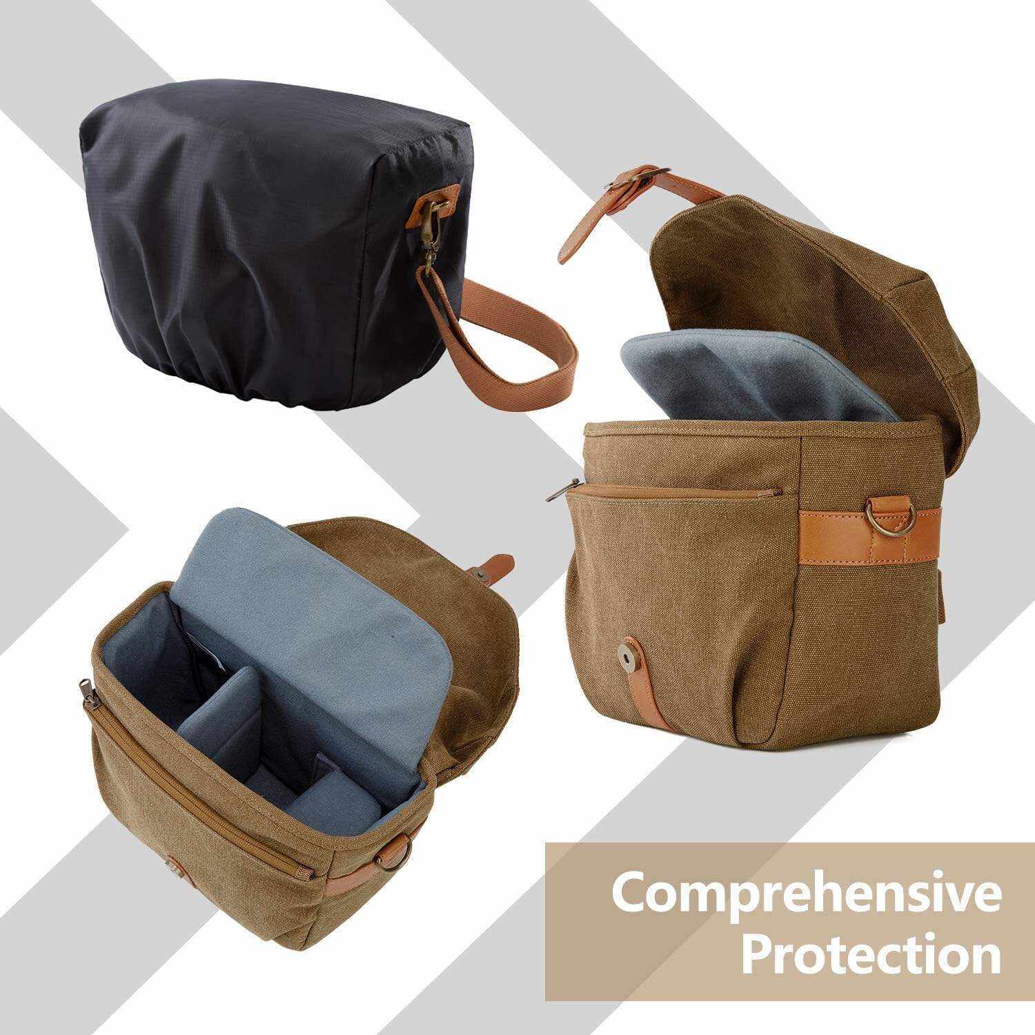 BAGSMART Camera Bag, SLR DSLR Canvas Camera Case, Vintage Padded Camera Shoulder Bag with Rain Cover for Women, Men, Black