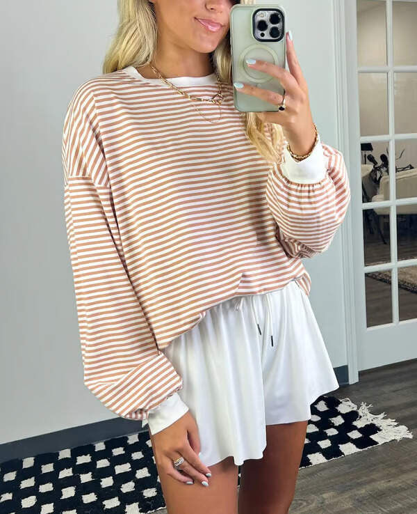 🔥Summer Arrivals🌟🌈Women's Casual Striped Crewneck Oversized Pullover
