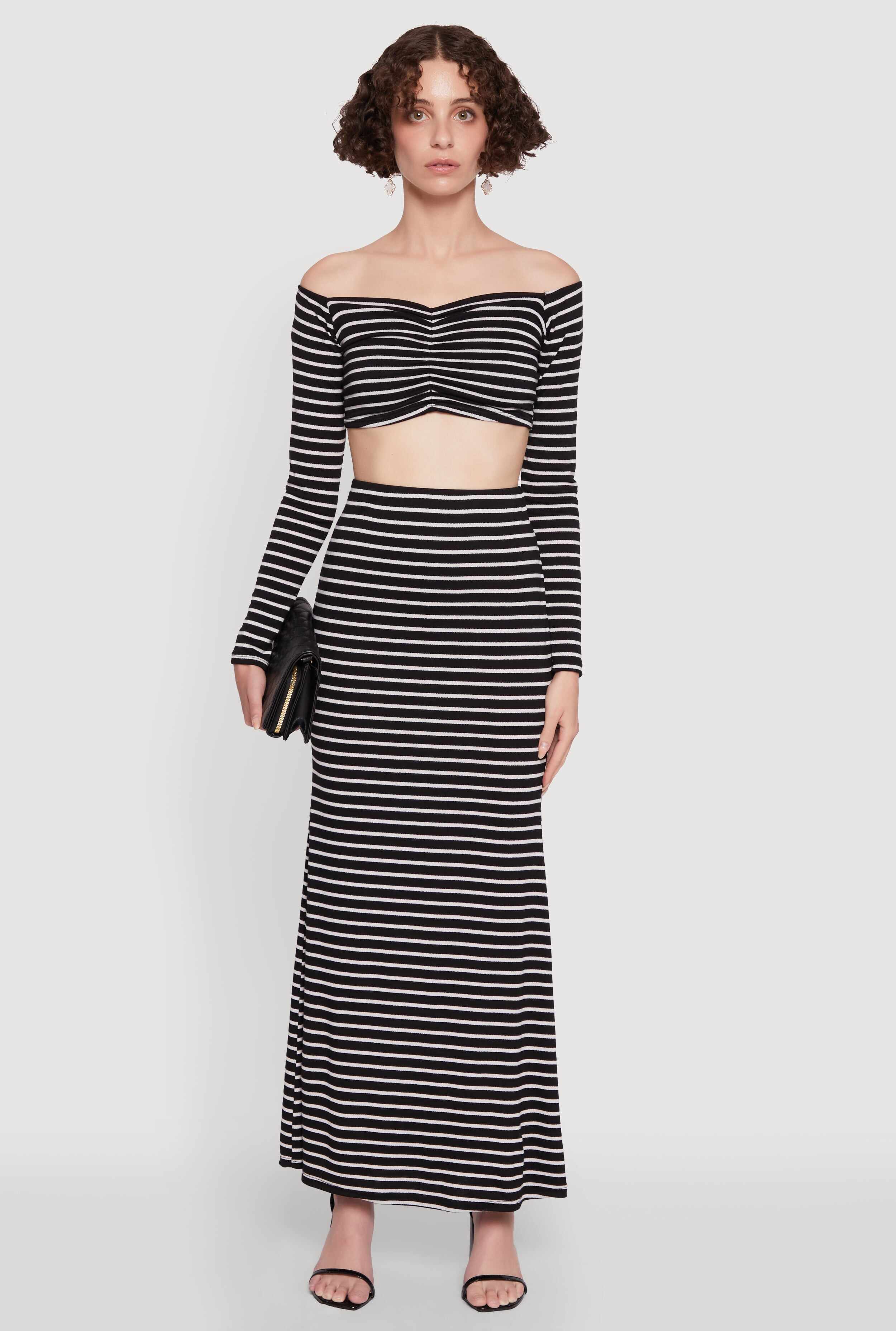 Chic Striped Off Shoulder Long Sleeve Top with Ruching and Cropped Hem