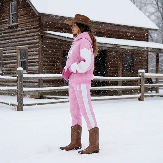 Pink Quilted Hoodie and Jogger Set for Winter Outdoors-Pink