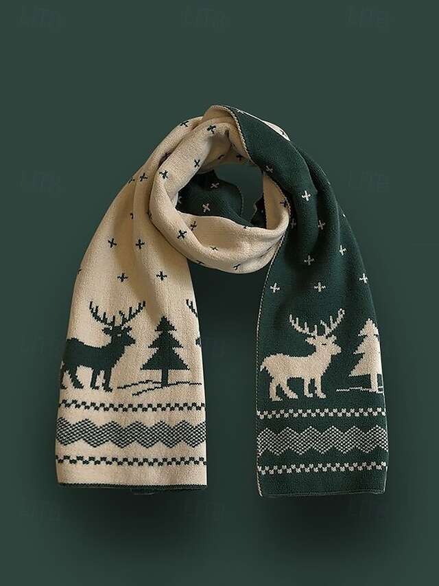 Women's Christmas Reindeer and Tree Print Knitted Scarf in Red and White, Cozy Winter Accessory for Holiday Celebrations
