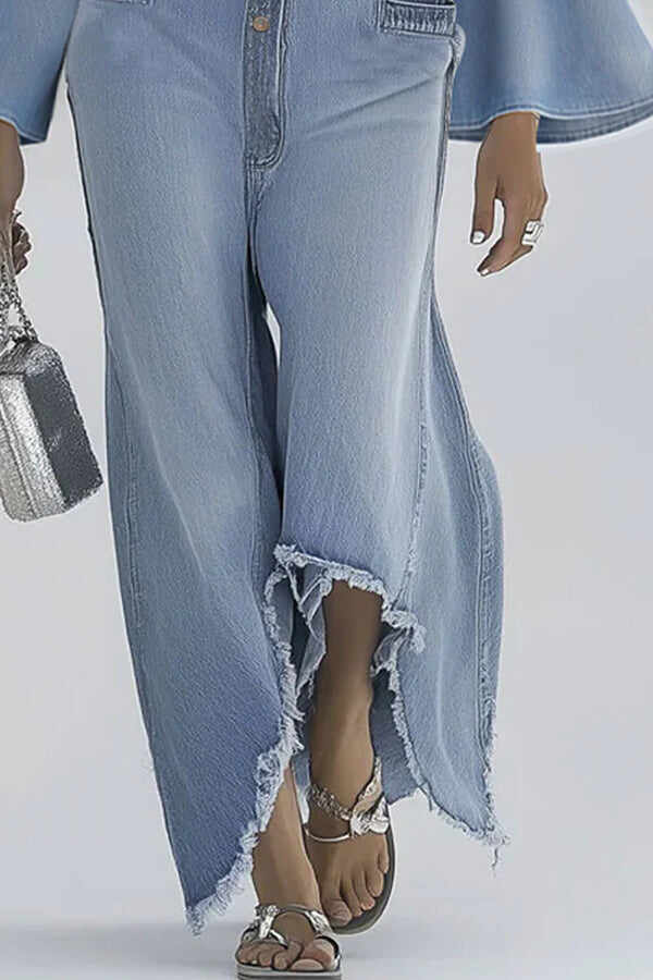 Stylish Bell Sleeves Single-breasted Casual Denim Jumpsuit