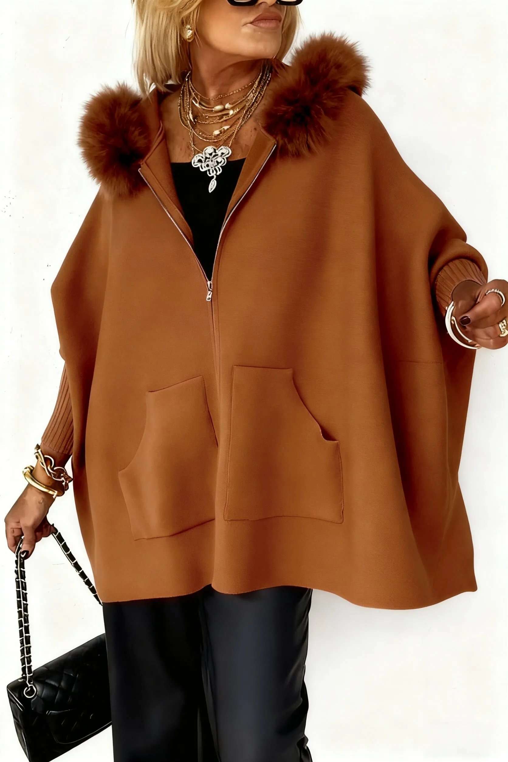 Women Fur Collar Solid Color Casual Jacket