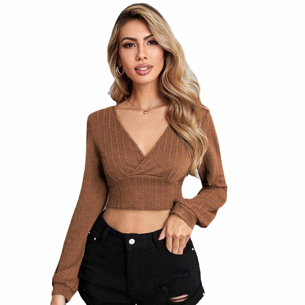Women's V-neck Slim-fit Top Cable Fabric Long-sleeve T-shirt
