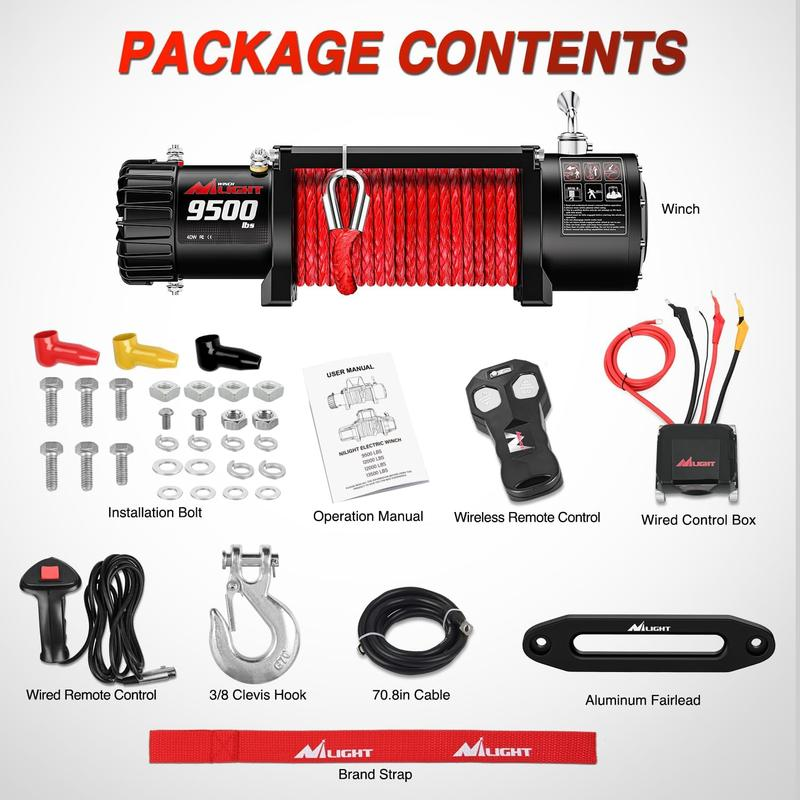 Electric Winch 12V Waterproof IP68 Towing Winches for Trailer Jeep ATV UTV Truck SUV 9500 LBS Portable Badlands Winch with Synthetic Rope Hawse Fairlead Wired Handle Wireless Remote Red Rope