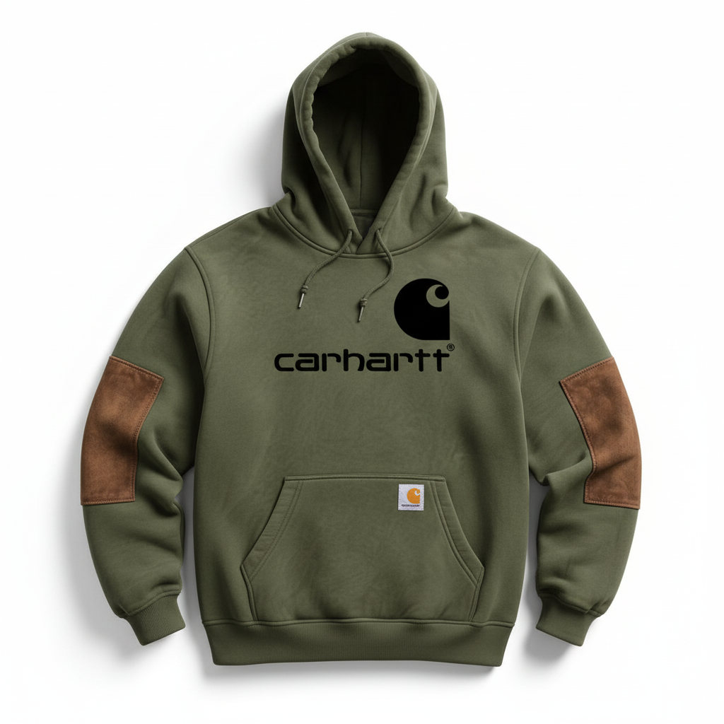 Men's Vintage Army Green Stitching Brown Suede Pocket Hoodie And Sweatpants Jogger Set