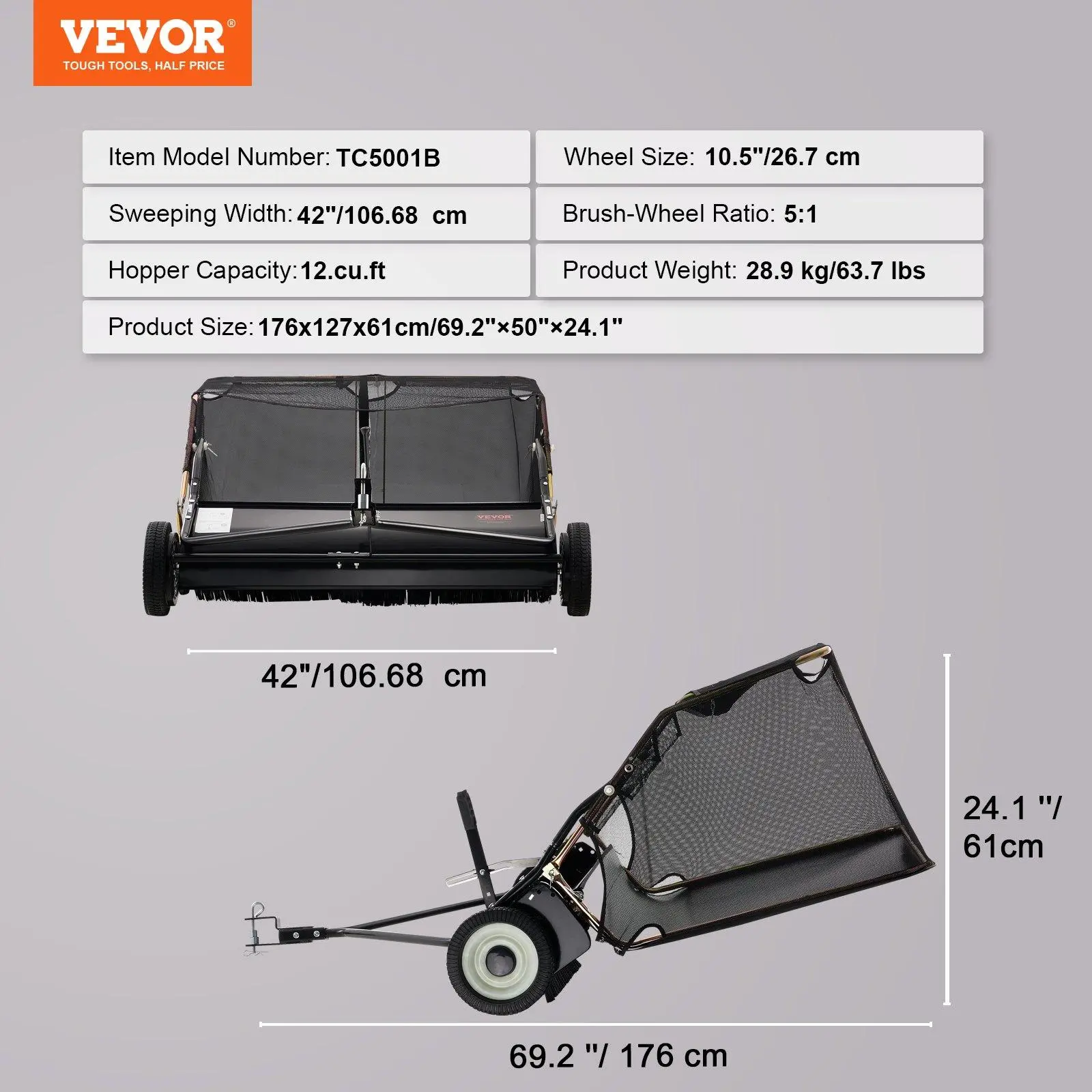 Push Lawn Sweeper,  26 Inch Leaf & Grass Collector, Strong Rubber Wheels & Heavy Duty Thickened Steel Durable to Use with Large Capacity 7 ft³ Mesh Collection Bag, 4 Spinning Brushes