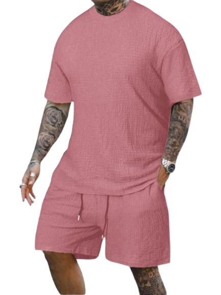 8 Pack-Men's Solid Textured Round Neck Tee & Drawstring Waist Shorts