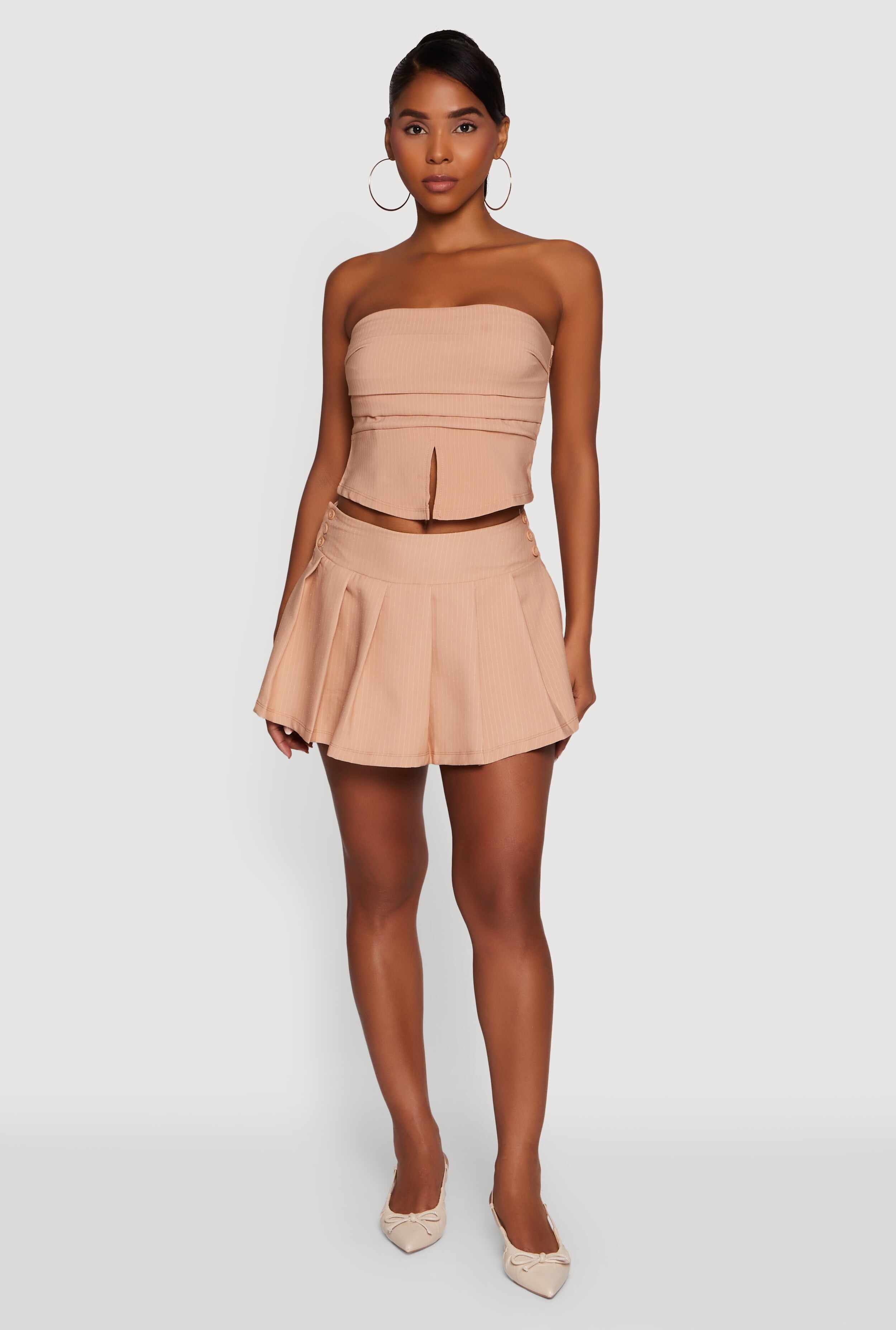 Haute Monde Pinstripe Button Detail Pleated Skort