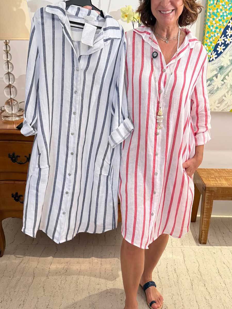 🔥Summer Arrivals🌟Women's Striped Print Lapel Long Sleeve Casual Cotton and Linen Shirt Dress