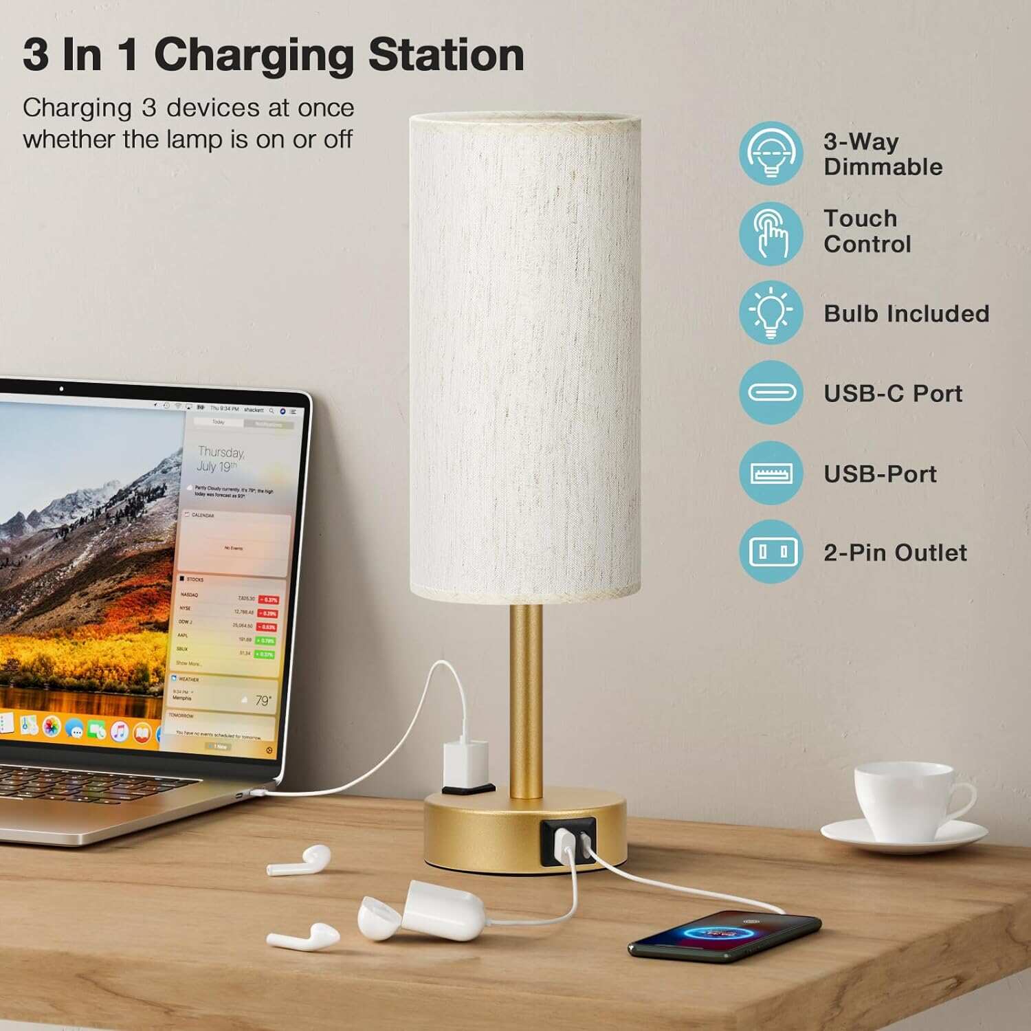 Bedside Table Lamp for Bedroom - 3 Way Dimmable Touch Lamp USB C Charging Ports and AC Outlet, Small Lamp Wood Base Round Flaxen Fabric Shade for Living Room, Desk, LED Bulb Included