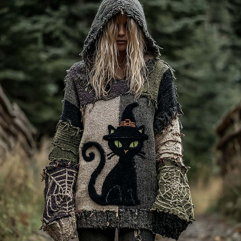 Halloween Scared Black Cat Patchwork Stitched Cozy Knit Hooded