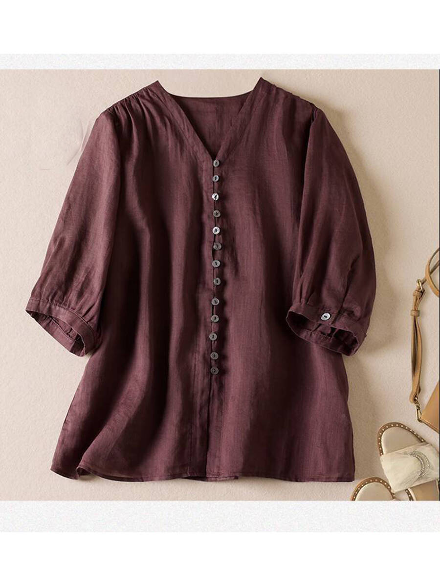 🔥Summer Arrivals🌟Women's V Neck Cotton and Linen Shirt