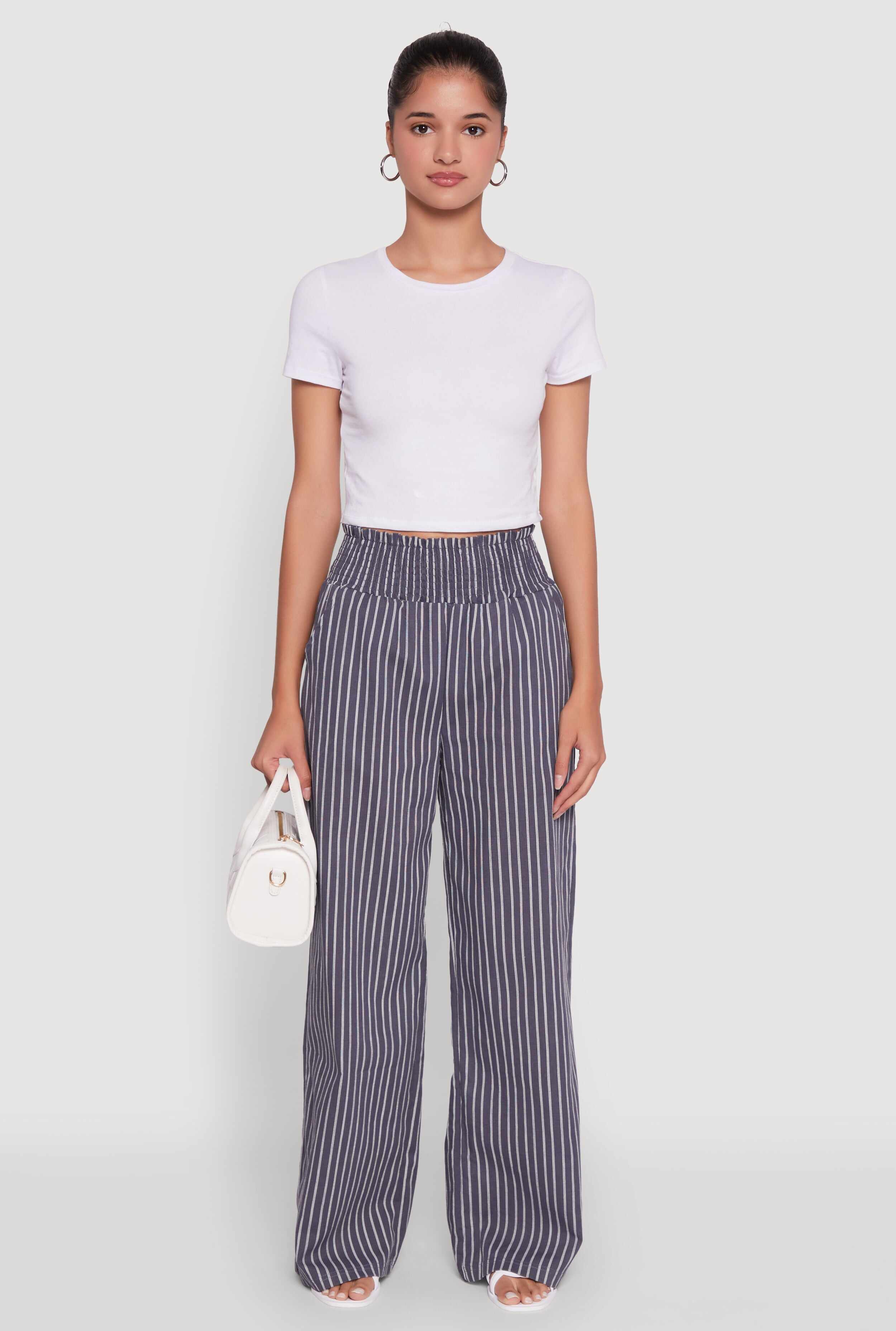 Trendy Linen Striped Smocked Waist Wide Leg Pants