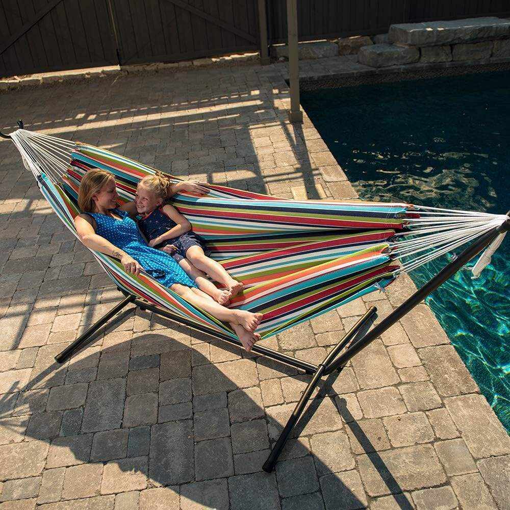 Double Cotton Hammock with Space Saving Steel Stand, Tropical (450 lb Capacity - Premium Carry Bag Included)