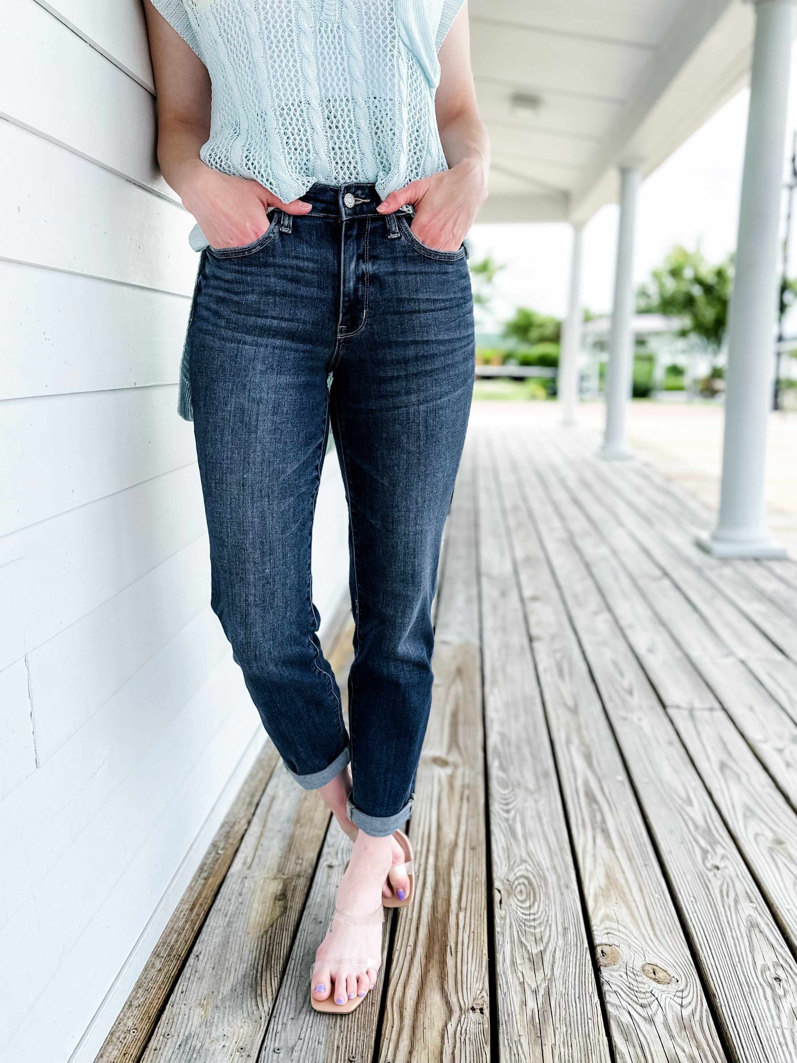 🔥Hot Sales🔥My Favorite Boyfriend Mid Rise Dark Wash Non Distressed Cuffed Boyfriend Jeans