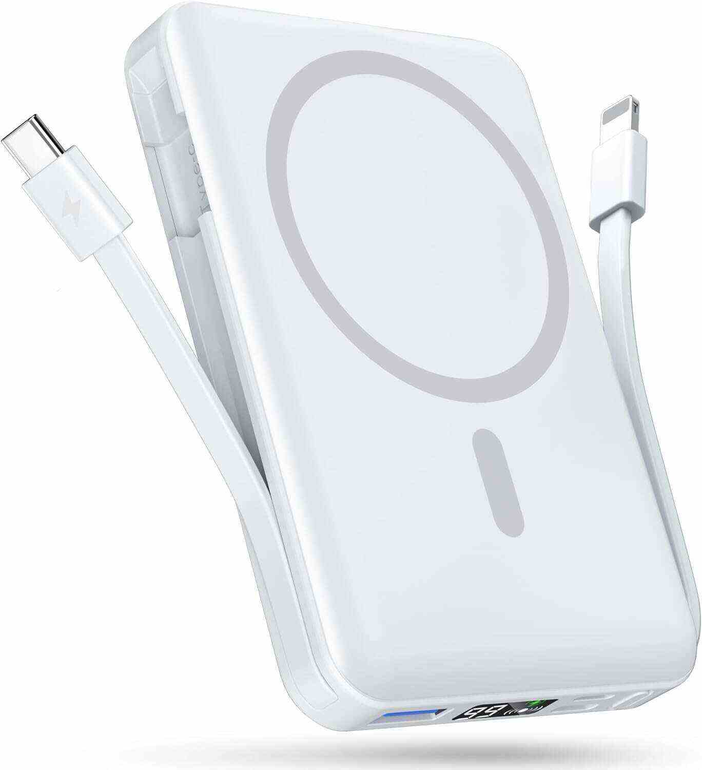 podoru Wireless Portable Charger, 10000mAh Magnetic Power Bank Built-in USB-C Lighting Cables 22.5W PD Fast Charging LED Display Mag-Safe Battery Pack for iPhone 15/14/13/12/Mini/Pro/Pro Max - White