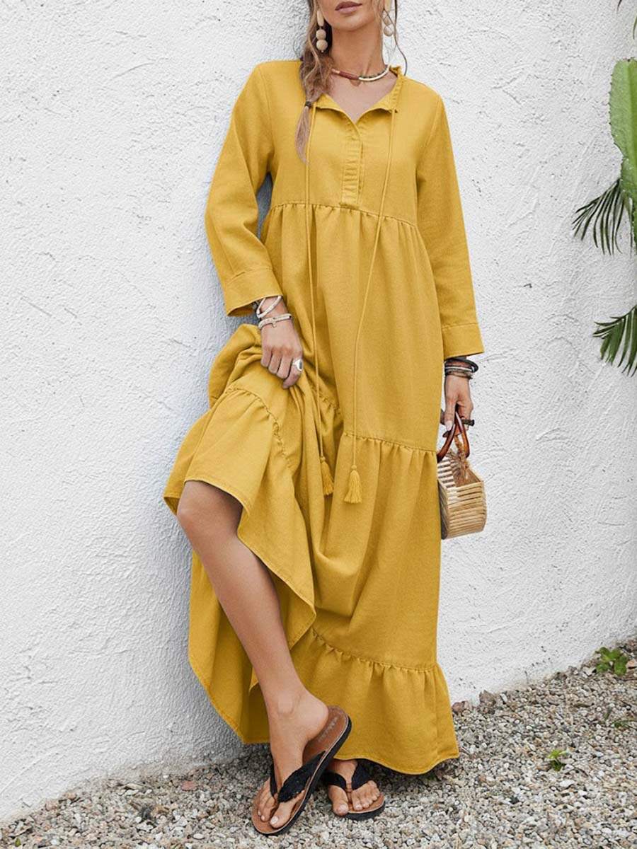 🔥Summer Arrivals🌟Women's Solid Color Round Neck Long Sleeve Casual Loose Cotton Linen Dress