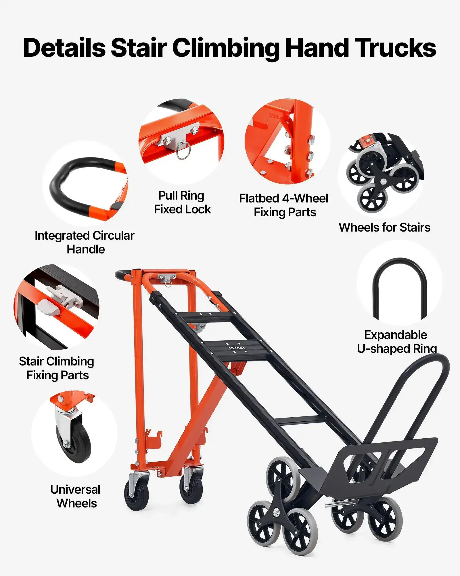 3 in 1 Industrial Convertible Stair Climbing Cart, 770 lbs Max Load, Folding Hand Truck Dolly with Handle & Wheels, Stair Climbing Utility Trolley for Transport & Moving, Orange & Silver