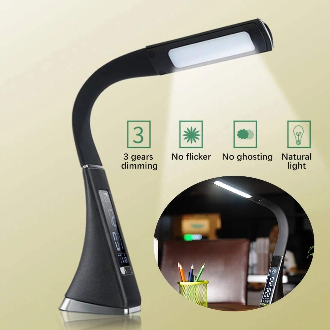 LED Desk Lamp With Calendar Temperature Alarm Clock 3 Modes Lighting Eye-Protected Reading Light Table Lamp For Student Office USB Charging LED Lamp