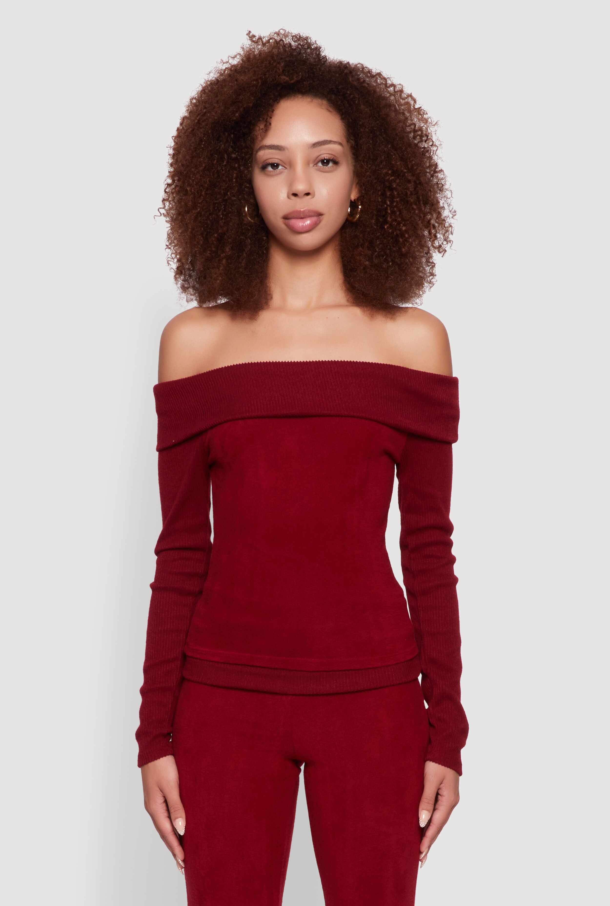 Haute Monde Fold Over Off The Shoulder Long Sleeve Blouse