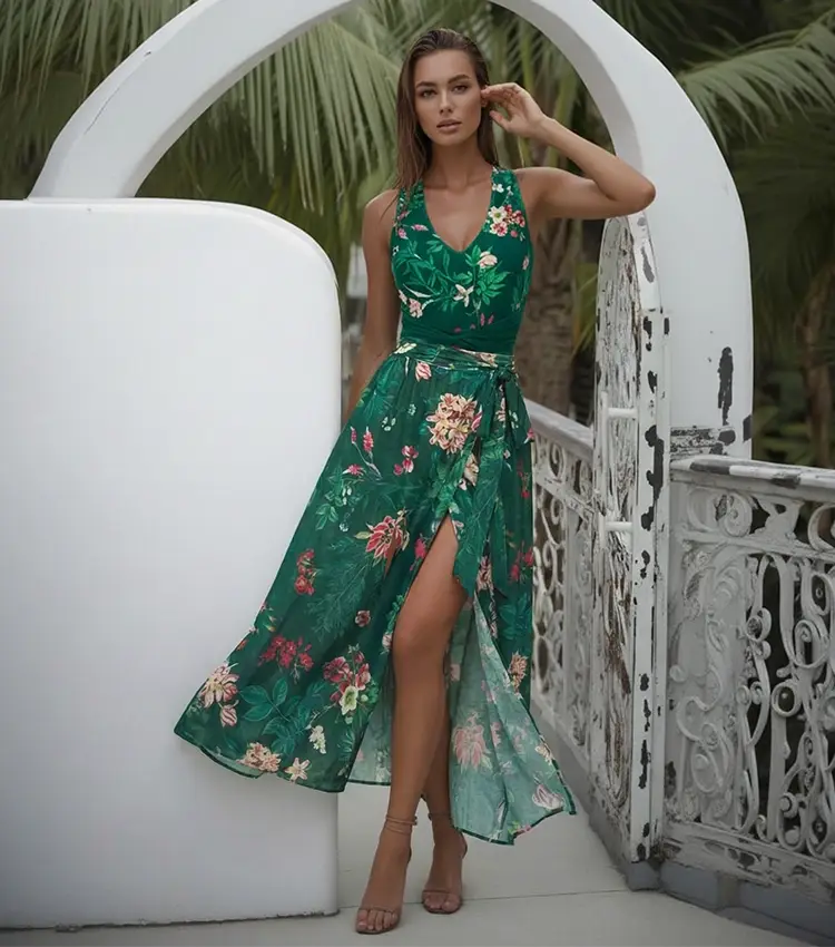 V Neck Blossom Print Swimsuit Set