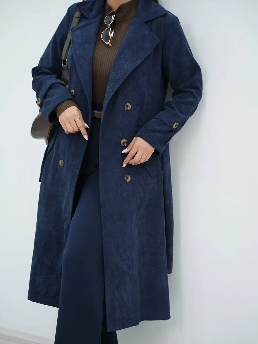 Women's Solid Color Lapel Long Sleeve Corduroy Trench Coat