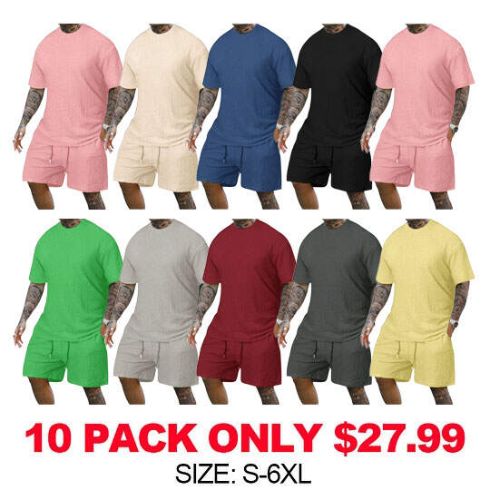8 Pack-Men's Solid Textured Round Neck Tee & Drawstring Waist Shorts