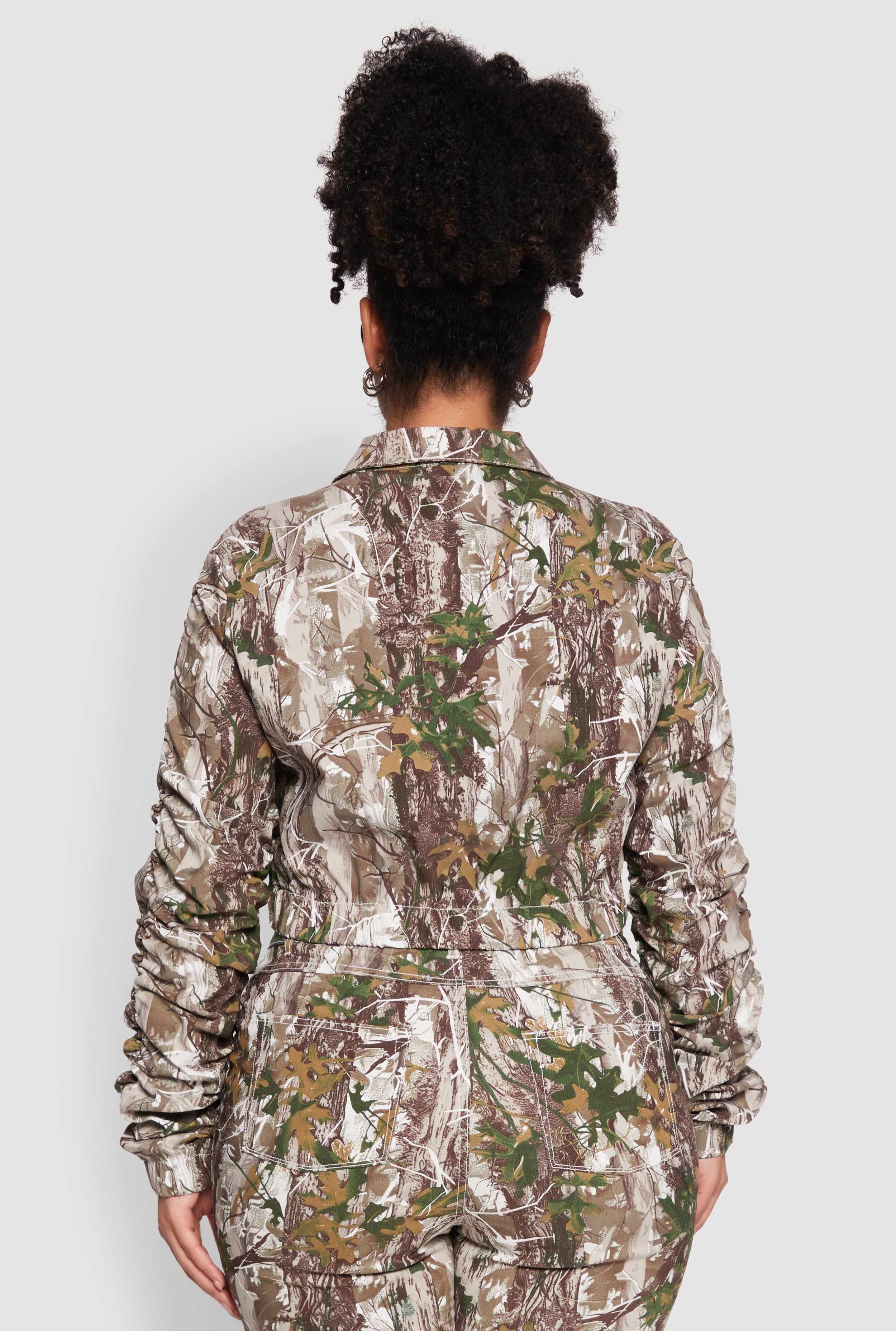 Plus Size Graphic Print Ruched Sleeve Cropped Jacket