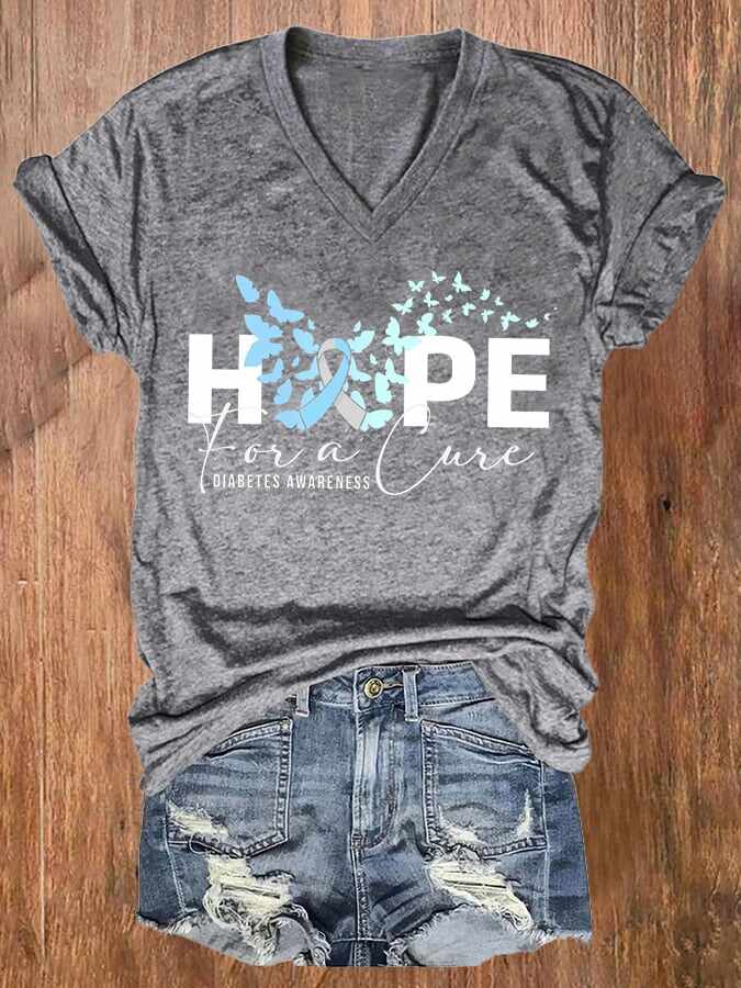 Women's Hope for Cure Diabetes Awareness Butterfly Printed Casual T-Shirt