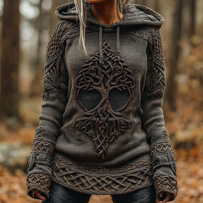 Women's Viking Celtic Knot Tree Of Life Knitted Warm Hooded Sweater