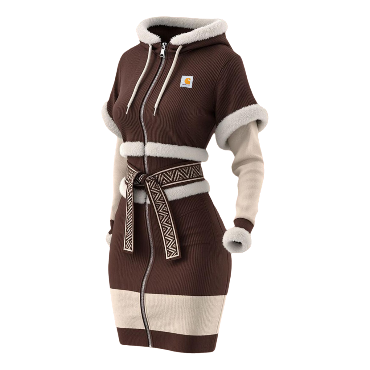 Women's Retro Brown Hooded Knit Dress With Faux Fur Trim