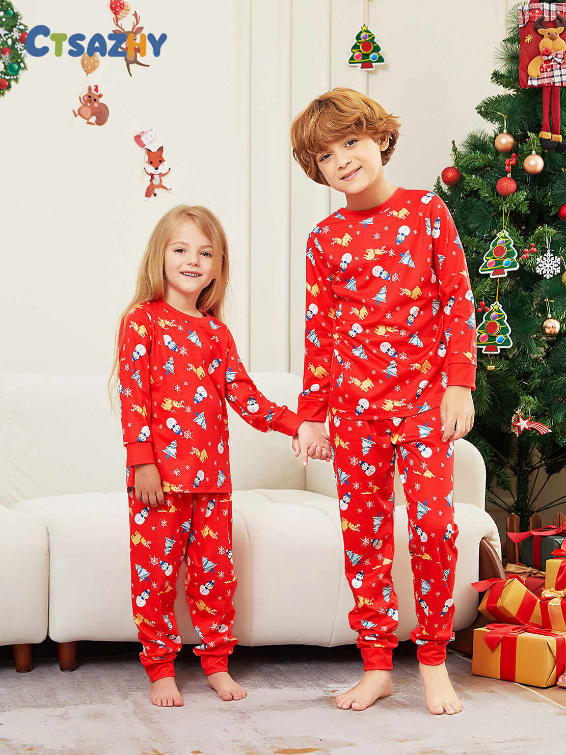 Family Parent-Child Christmas Tree Snowman Deer Printed Pajamas Set