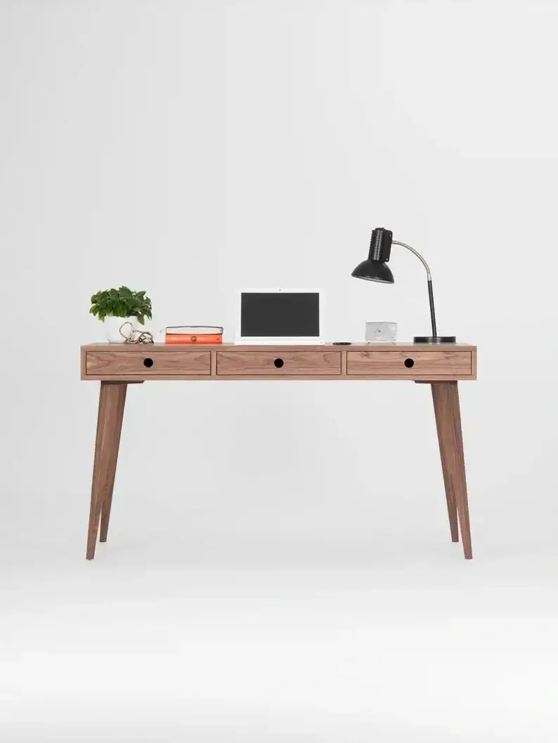 Wooden desk, mid century modern, walnut desk with three drawers;Send 1 stool(pictured)