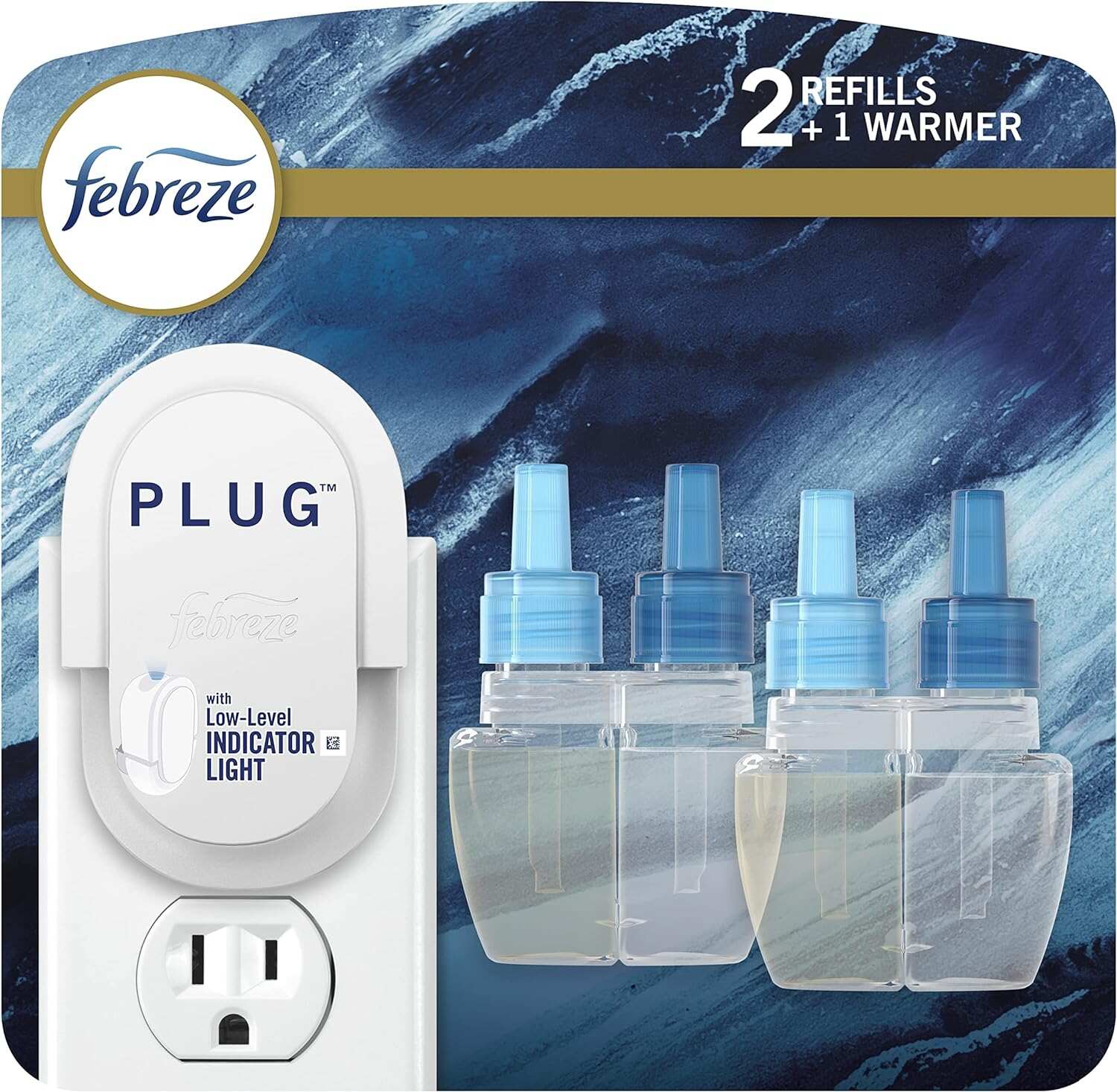 Febreze Odor-Fighting Fade Defy PLUG Air Freshener, Mountain, Ocean, Amber, (3) .87 fl. oz. Oil Refills