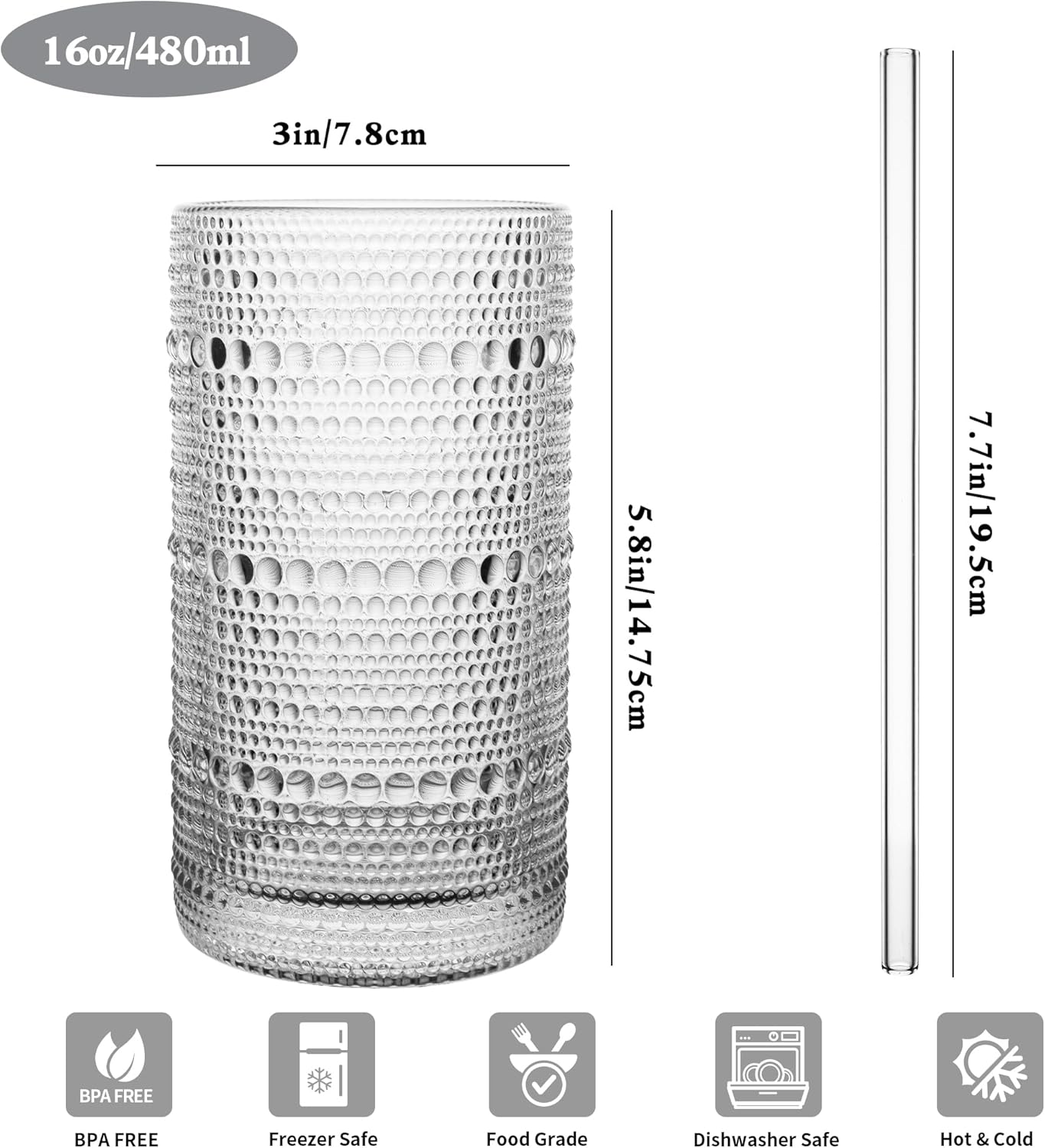 Dingerjar Upgraded Large Capacity 16 oz / 480 ml Nail Cup Set of 12 - Heavy-duty Retro Glassware