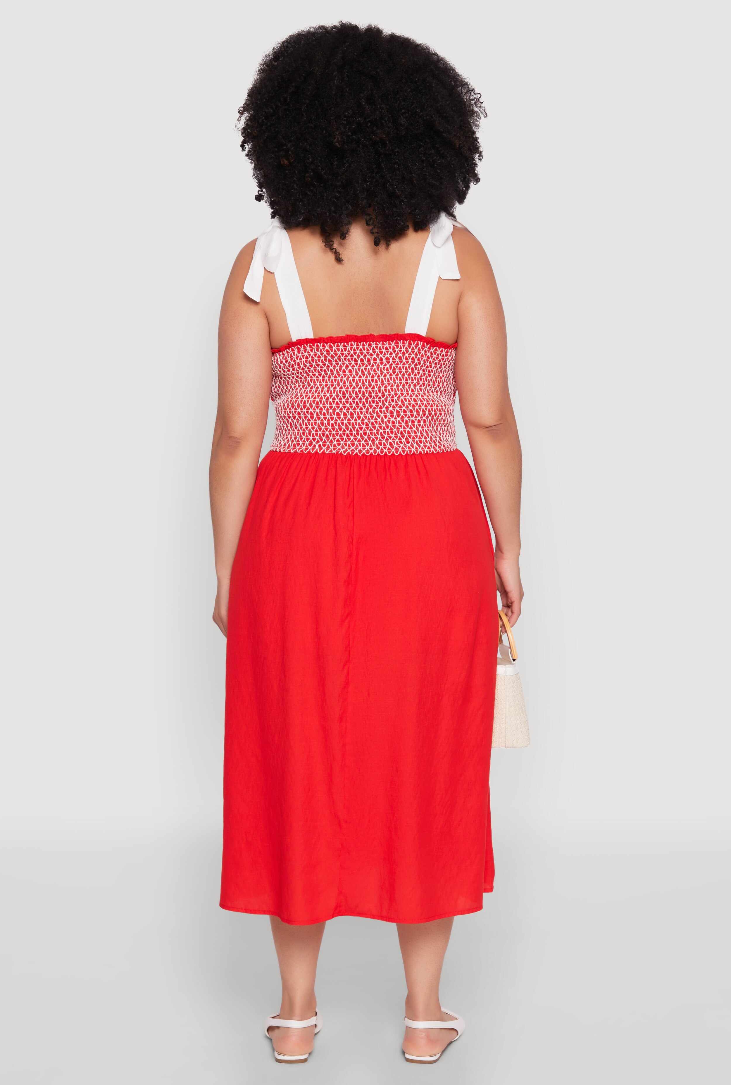 Plus Size Smocked Tie Shoulder Midi Dress