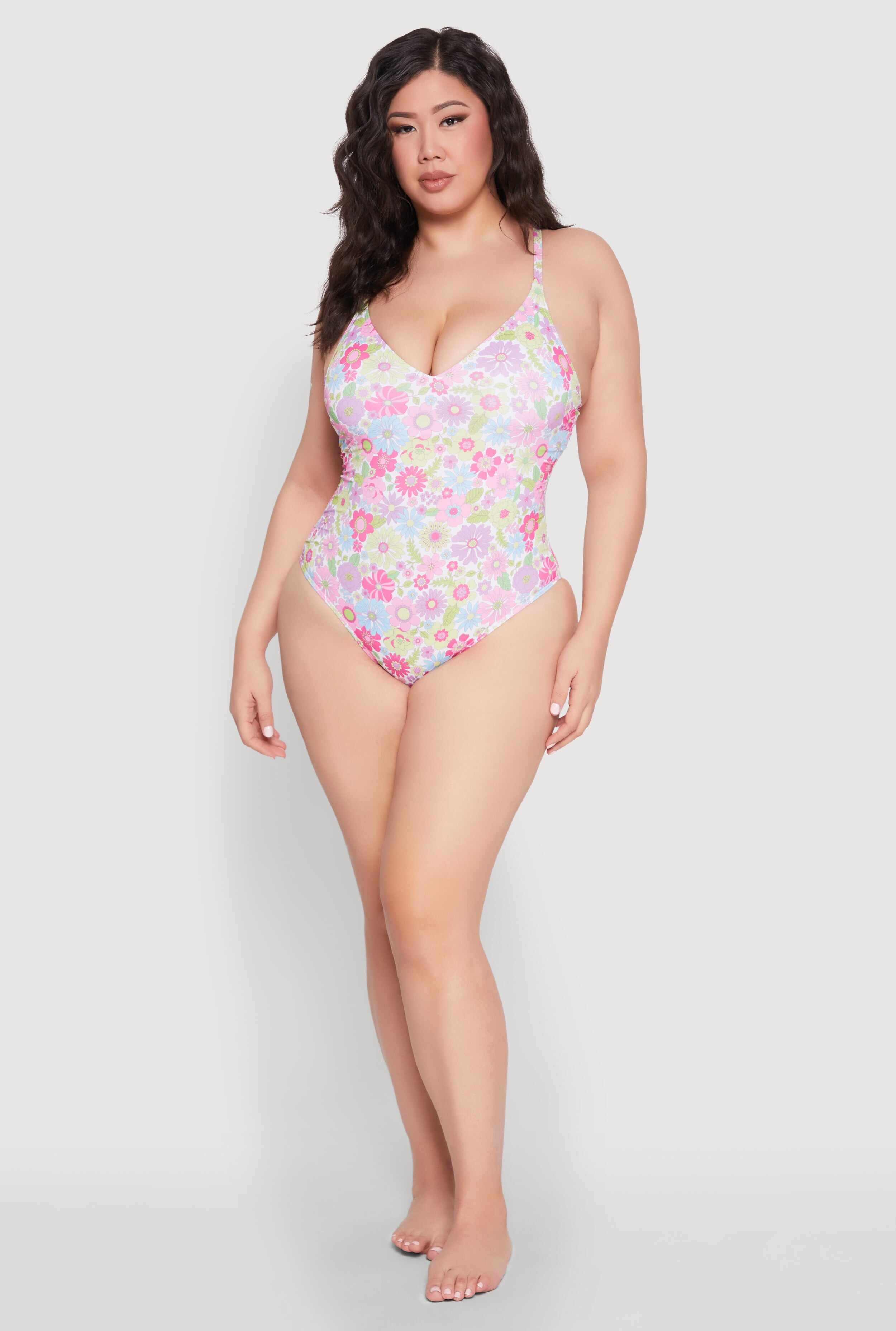 Plus Size Flower Print One Piece Swimsuit