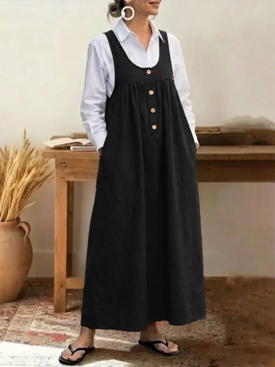 🔥Summer Arrivals🌟Women's Solid Color U-neck Sleeveless Casual Loose Cotton Vest Dress