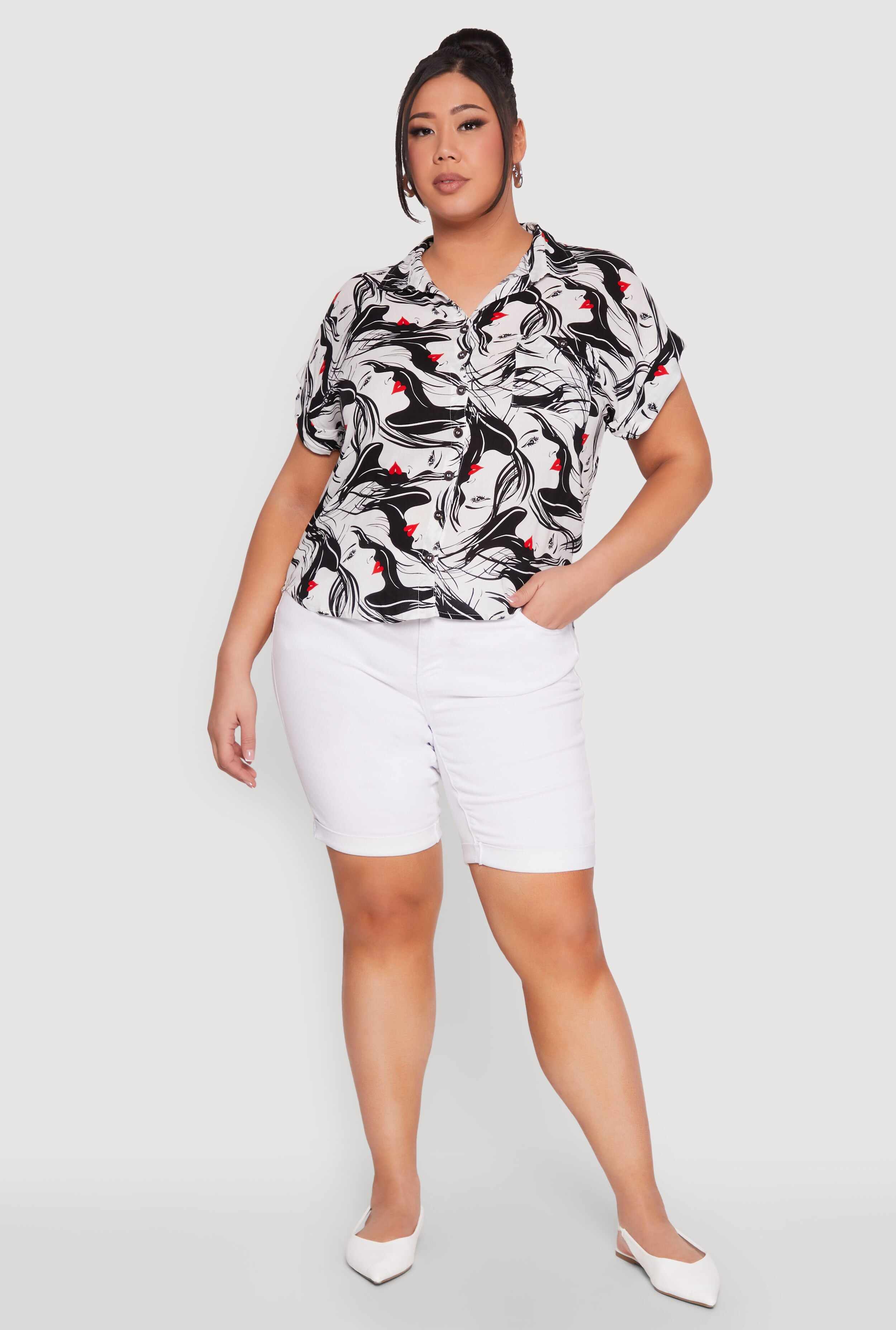 Plus Size Face Printed Button Front Shirt