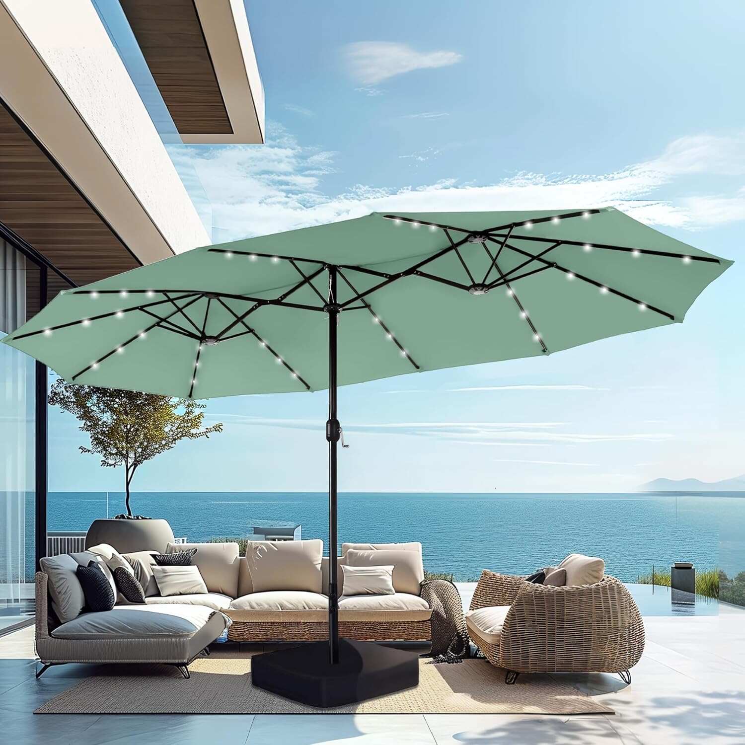 15ft Double-Sided Rectangular Patio Umbrella with Solar LED Lights & Base
