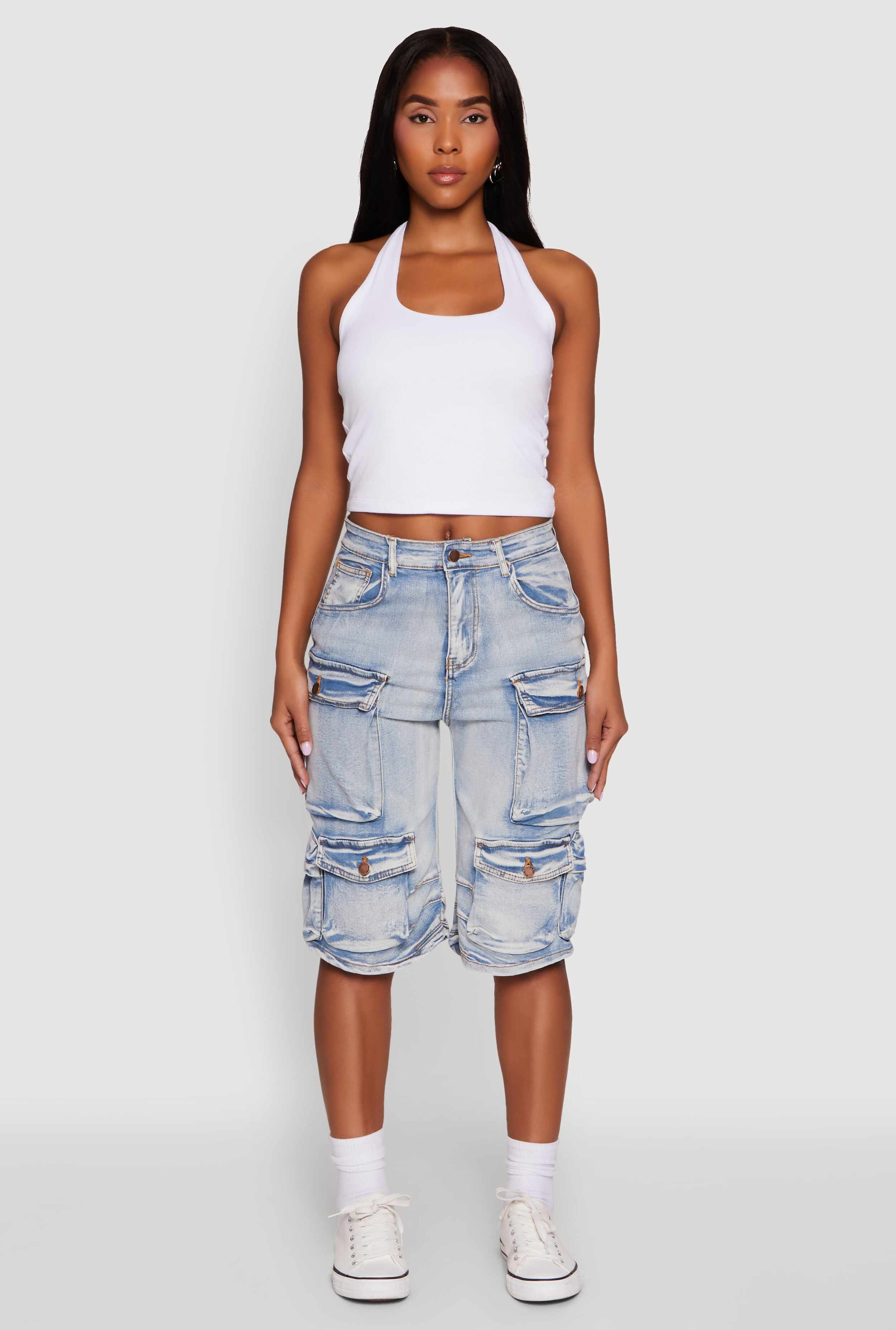 Daisy High Waisted Acid Wash Denim Cargo Shorts