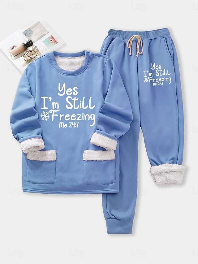 Women's Fleece Lined Sweatsuits Top and Pant Letter Warm Comfort Soft Home Daily Bed Fleece Warm Breathable Crew Neck Long Sleeve Pullover Pant Elastic Waist Fall Winter