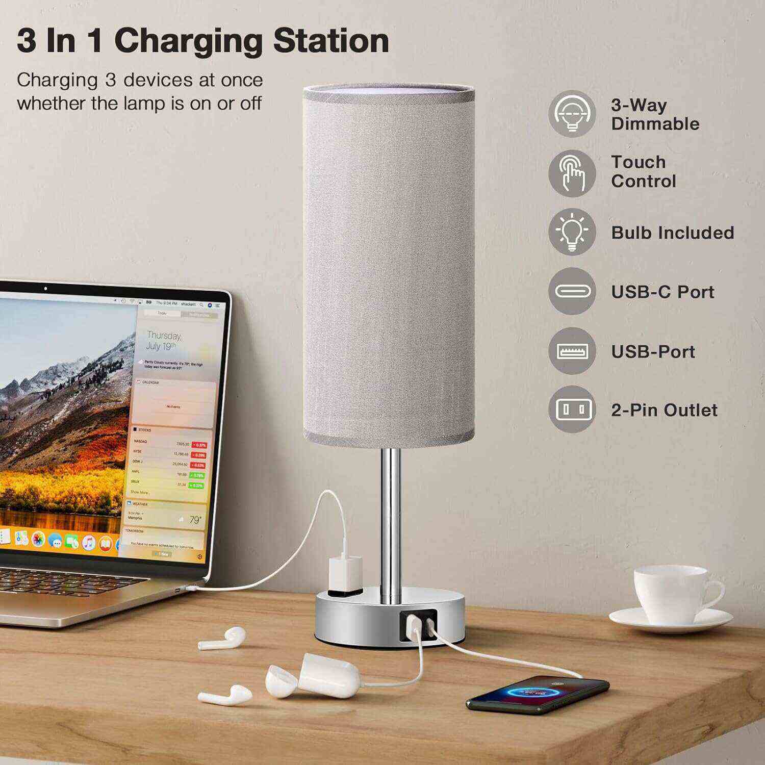 Bedside Table Lamp for Bedroom - 3 Way Dimmable Touch Lamp USB C Charging Ports and AC Outlet, Small Lamp Wood Base Round Flaxen Fabric Shade for Living Room, Desk, LED Bulb Included