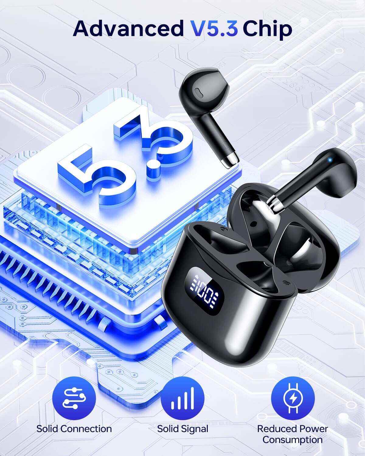 Wireless Earbuds, Bluetooth 5.3 Headphones 40Hrs Playtime with Charging Case, IPX5 Waterproof Stereo in-Ear Earphones with Microphone for iOS Android Cell Phone Sports Workout, Black